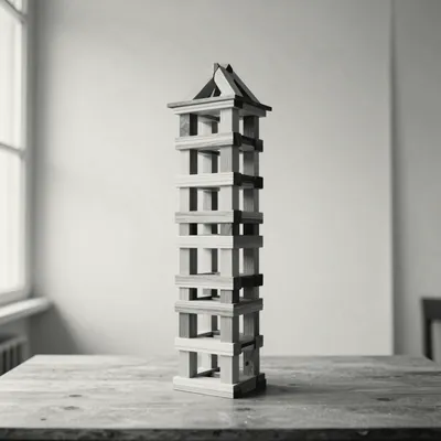 A tall open tower built from wooden blocks, standing on a table.