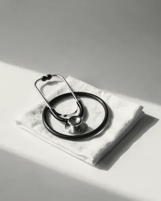 A stethoscope coiled on a folded linen cloth.