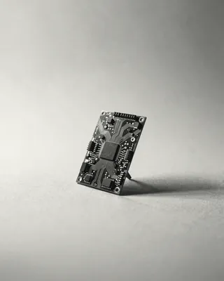 A small circuit board standing on edge in raking light.